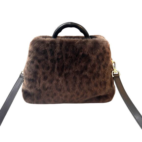 J. McLaughlin Fiona Faux Fur Handbag in Leopard Leather Strap Gold Hardware - Picture 2 of 9